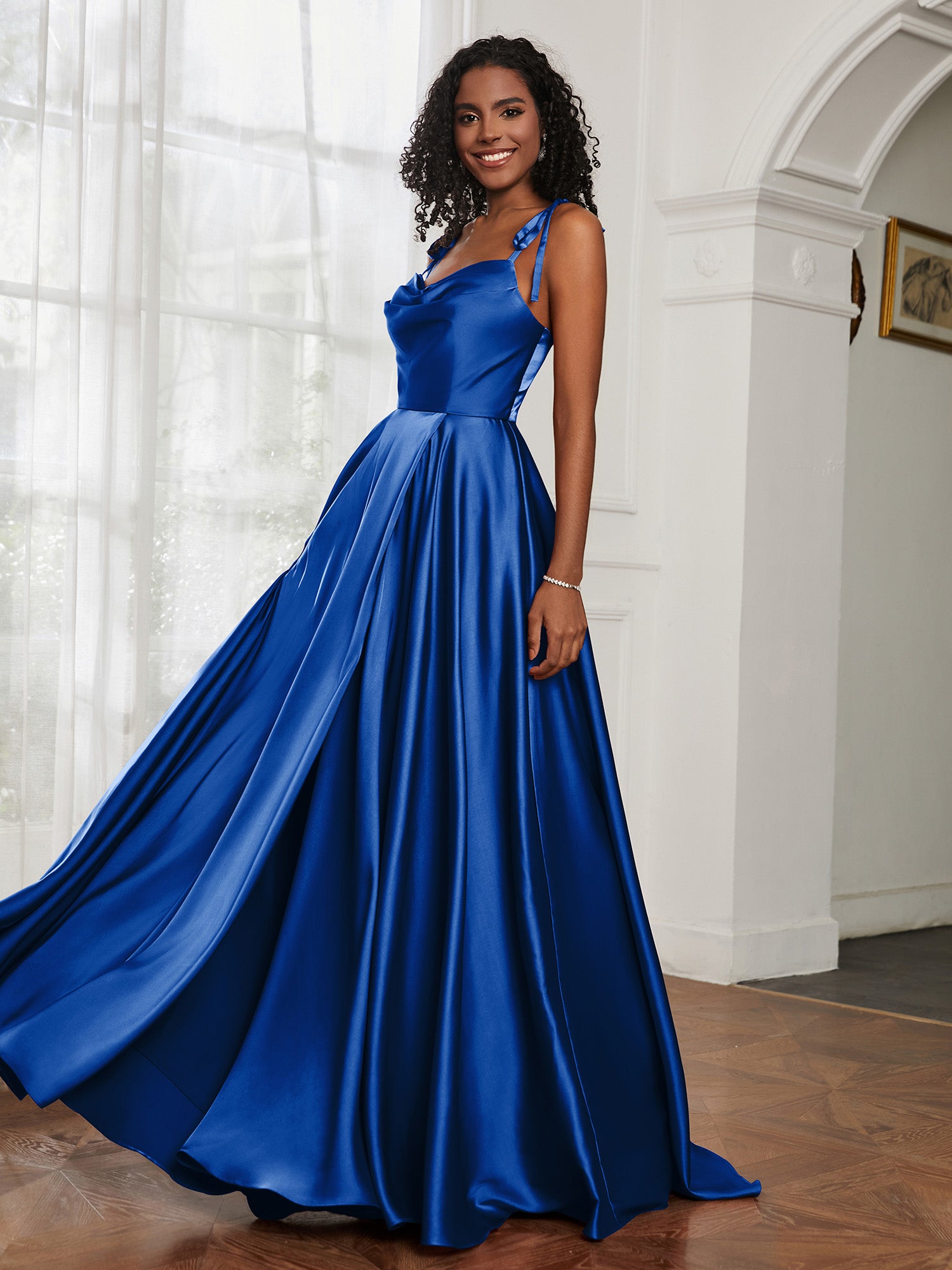 Cowl Neck Ruched Backless Dress With Slit Royal Blue